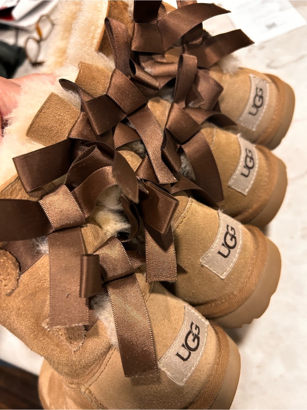 2 pair UGG Chestnut Satin Bow Back Shearling Booties, TWINS, Sz 11, excellent